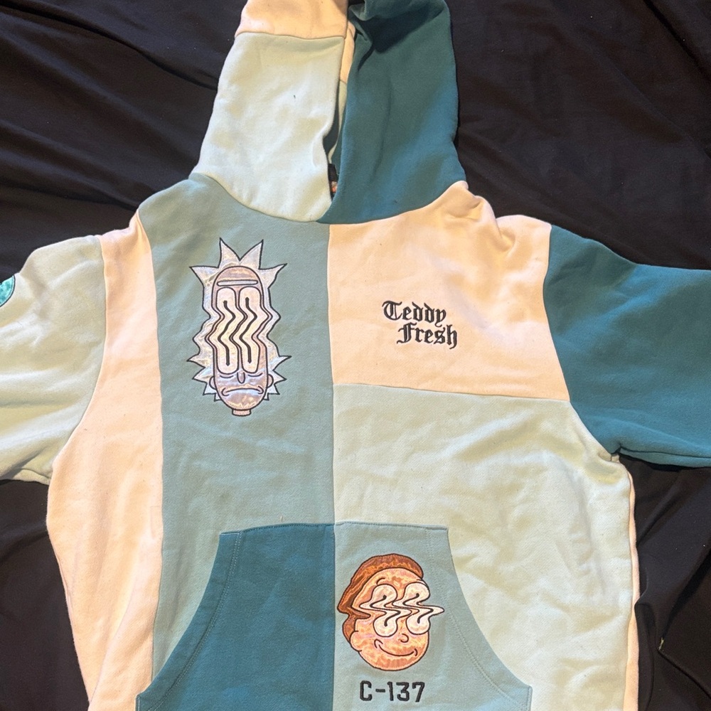 Teddy Fresh adult hoodie with Blue and Cream Patchwork